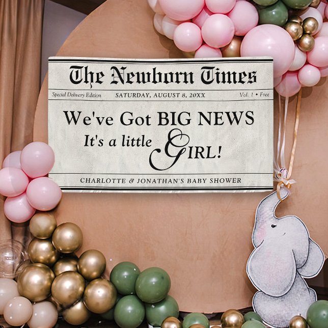 Cute Newborn Times Newspaper Baby Girl Boy Shower Banner (Cute Trendy Baby Girl The Newborn Times newspaper theme baby shower banner decor sign decoration)