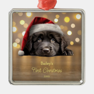 Cute Newfoundland Dog Santa Hat Personalised  Metal Tree Decoration