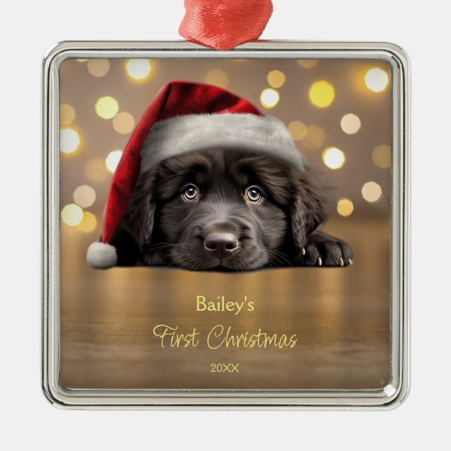 Cute Newfoundland Dog Santa Hat Personalised  Metal Tree Decoration (Front)