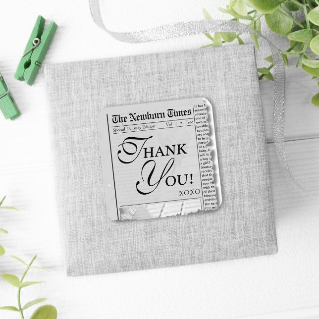 Cute Newspaper Baby Shower Thank You Favour Sticke Square Sticker (The Newborn Times cute newspaper style baby shower thank you favor sticker, trendy, modern, closure)