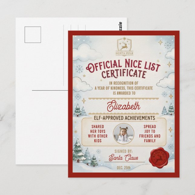 Cute Nice List Red Winter Photo Santa Certificate Postcard (Front/Back)