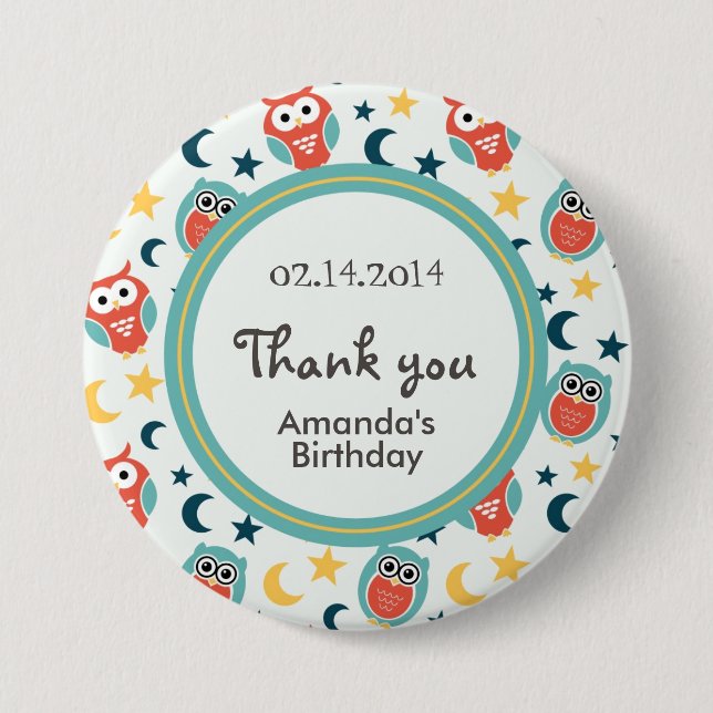 Cute Night Owl Cartoon with Moon and Stars Button (Front)