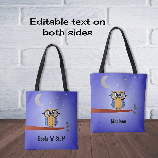 Cute night owl custom text book tote bag (Creator Uploaded)