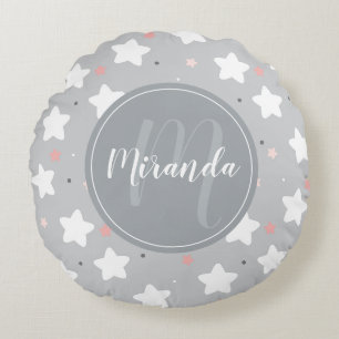 Cute Night Sky with Custom Monogram and Name Round Cushion