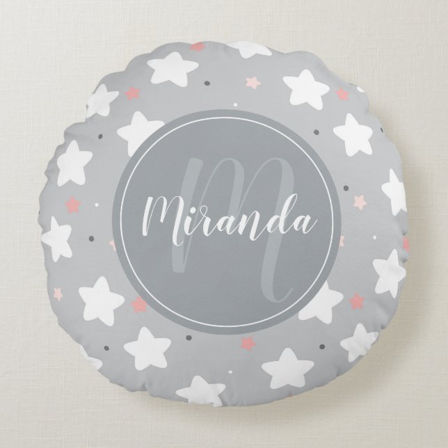 Cute Night Sky with Custom Monogram and Name Round Cushion (Front)