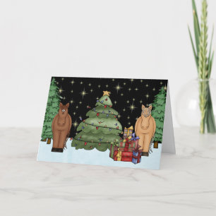 Cute Night-time Horses, Christmas Tree and Gifts Holiday Card