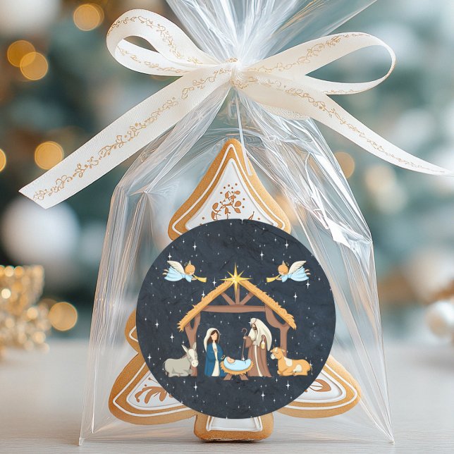 Cute Night When Christ Was Born Classic Round Sticker (Nativity Christmas Sticker)