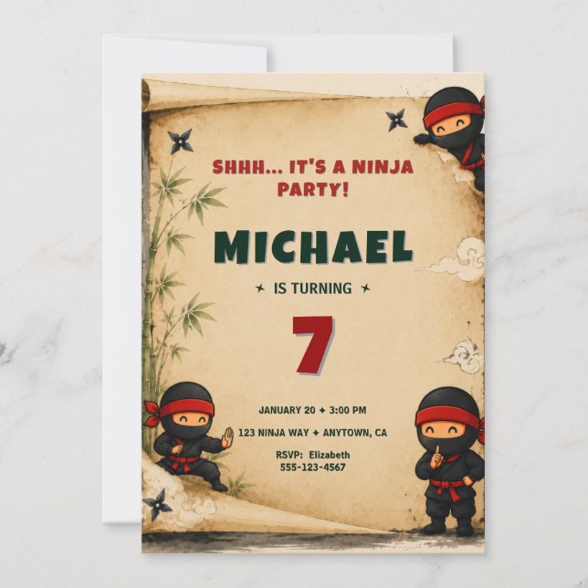 Cute Ninja Birthday Invitation (Front)