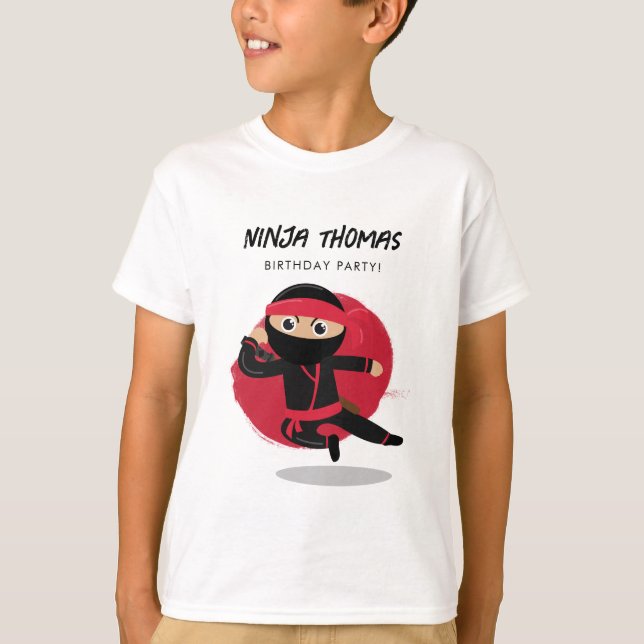 Cute Ninja Black & Red Kids Birthday Party T-Shirt (Front)