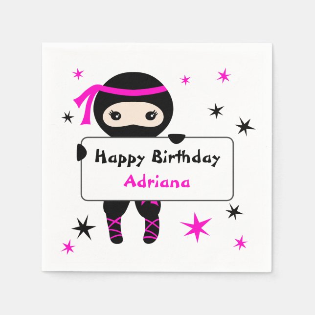 Cute Ninja Kids Warrior Girl Pink Bday Party  Napkin (Front)