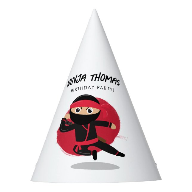 Cute Ninja Warrior Black & Red Kids Birthday Party Hat (Front)