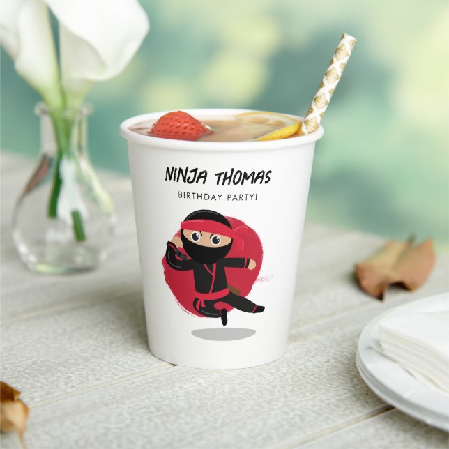 Cute Ninja Warrior Black & Red Kids Birthday Party Paper Cups (Insitu)