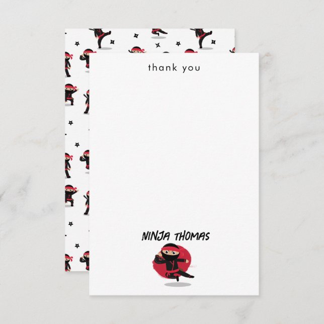 Cute Ninja Warrior Black & Red Kids Custom Name Thank You Card (Front/Back)
