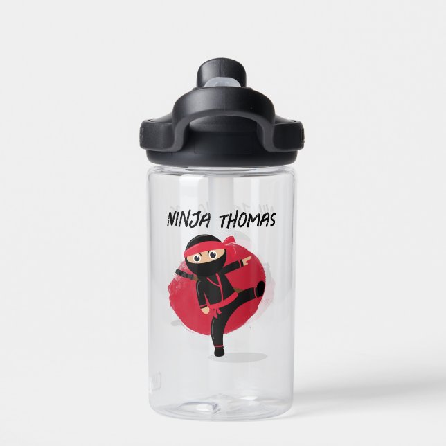 Cute Ninja Warrior Black & Red Kids Custom Name  Water Bottle (Back)