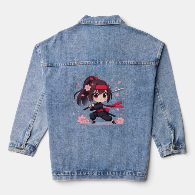 Cute ninja warrior blossom girl denim jacket (Back)