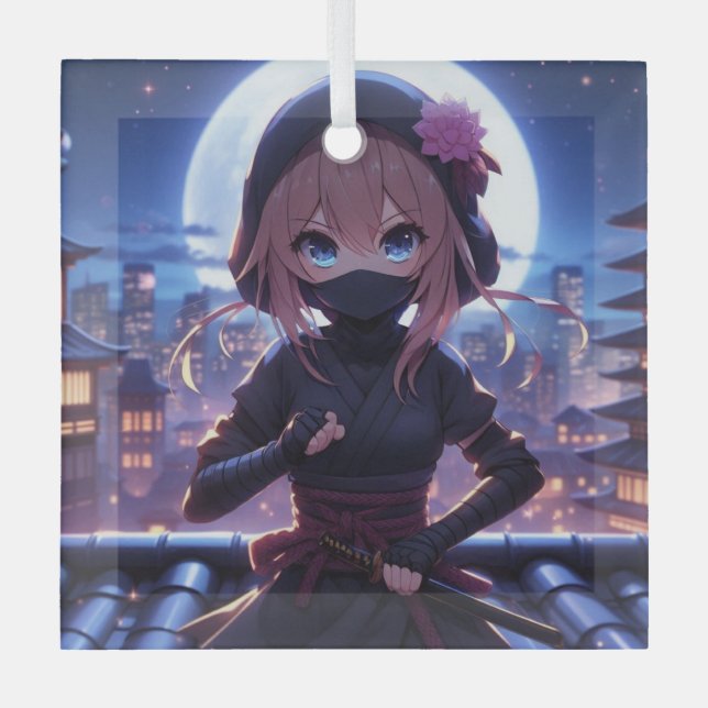 Cute ninja warrior girl  glass tree decoration (Front)