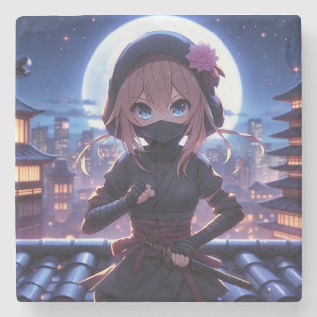 Cute ninja warrior girl  stone coaster (Front)