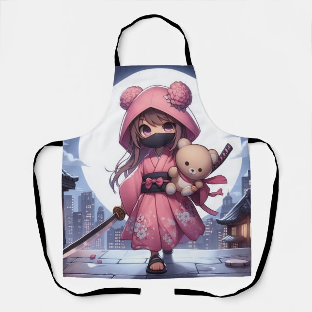 Cute ninja warrior girl & teddy apron (Front)