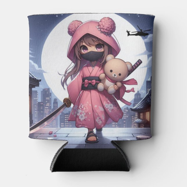 Cute ninja warrior girl & teddy can cooler (Front)