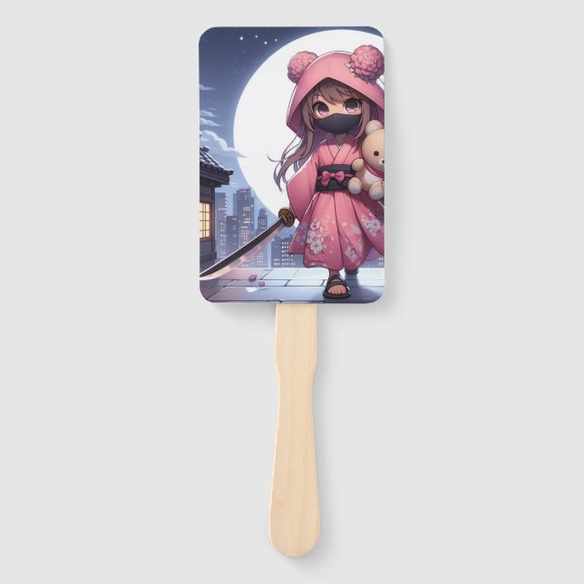 Cute ninja warrior girl & teddy hand fan (Front)