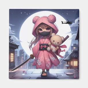 Cute ninja warrior girl & teddy magnet