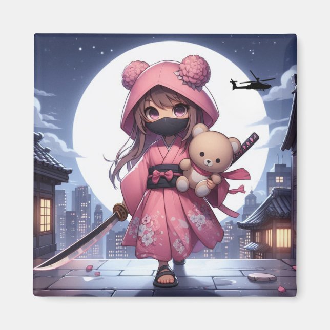 Cute ninja warrior girl & teddy magnet (Front)