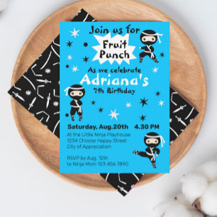 Cute Ninja Warrior Girls Blue Birthday Party Invitation