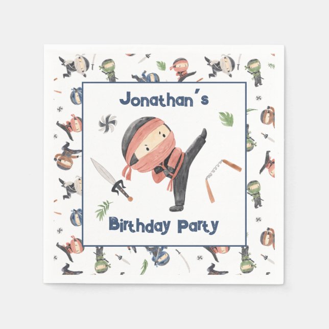Cute Ninja Warrior Kids Birthday Party Custom Name Napkin (Front)