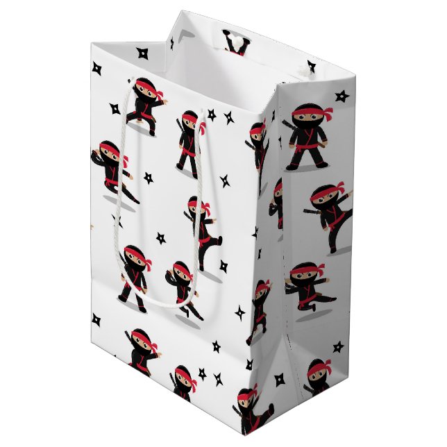Cute Ninja Warrior Kids Black & Red Pattern Medium Gift Bag (Front Angled)