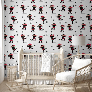 Cute Ninja Warrior Kids Black & Red Pattern Wallpaper