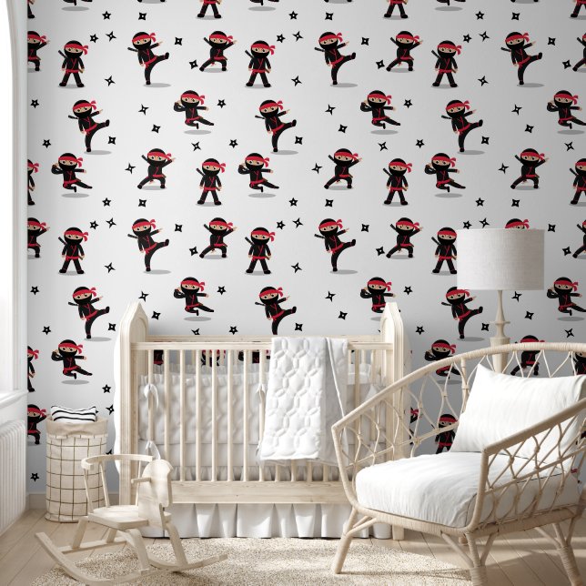 Cute Ninja Warrior Kids Black & Red Pattern Wallpaper (Kids)