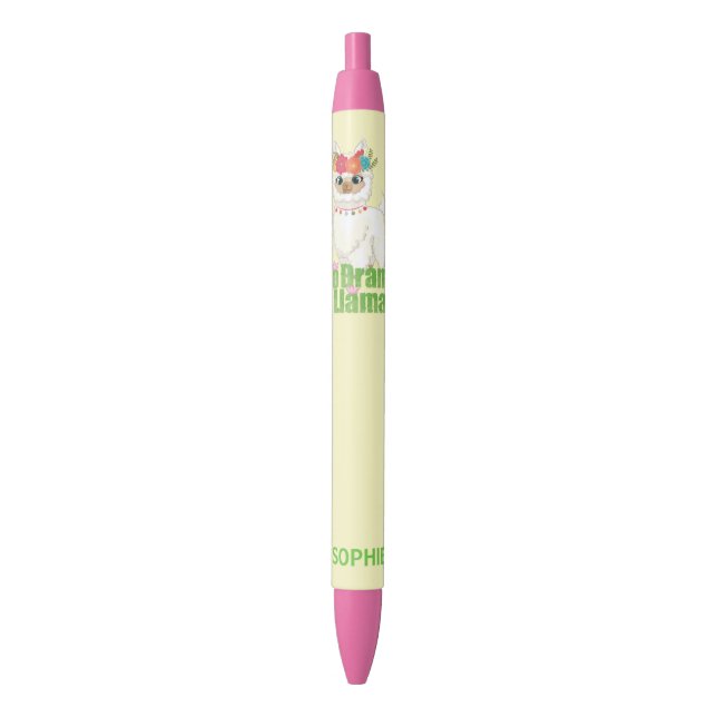 Cute No Drama Llama With Floral Crown Black Ink Pen (Front Vertical)