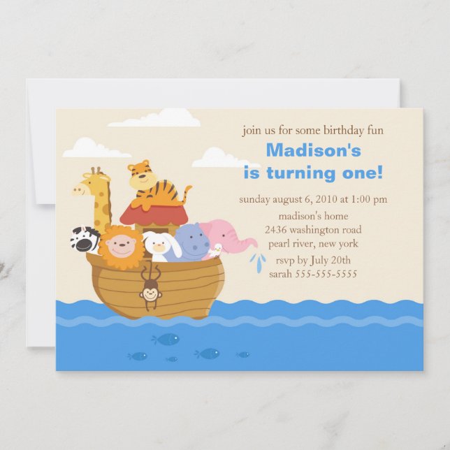 Cute Noah's Ark 1st Birthday Invitation (Front)