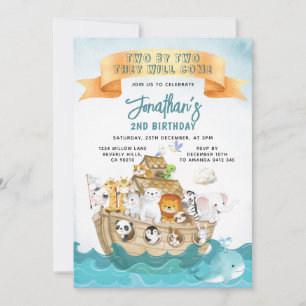 Cute Noah's Ark 2nd Birthday Two By Two Adventure Invitation