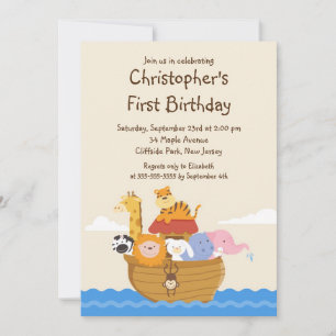 Cute Noah's Ark Baby Animals Birthday Party Invitation