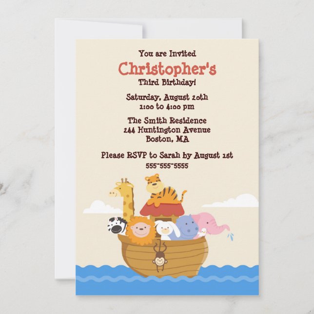 Cute Noah's Ark Gender Neutral Birthday Invitation (Front)