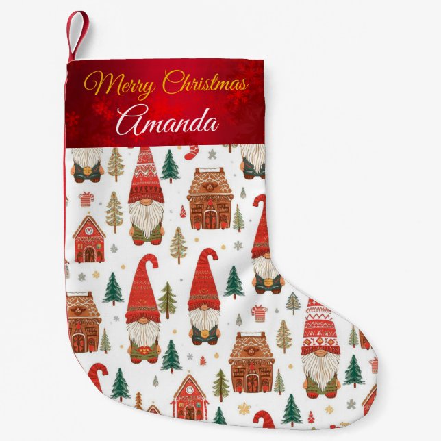 Cute Nordic Christmas Gnomes & Gingerbread Village Small Christmas Stocking (Front)