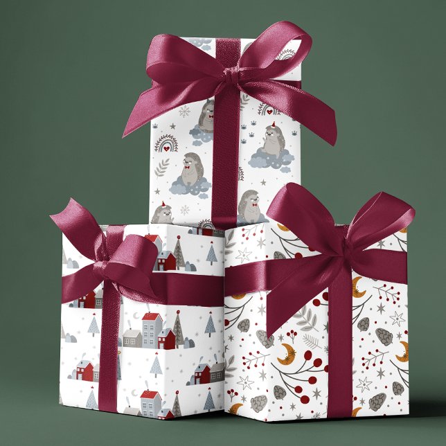 Cute Nordic Christmas Houses Hedgehog Floral Wrapping Paper Sheet (Creator Uploaded)