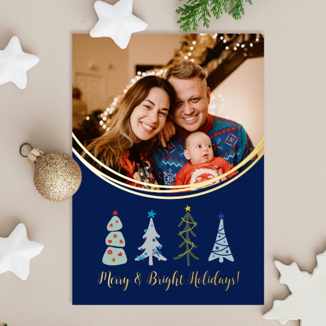Cute Nordic Christmas trees photo (Navy blue and gold Christmas trees holiday photo card with your image and text)