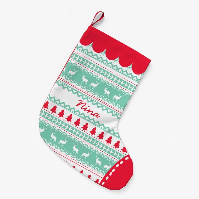 Cute Nordic Folk Holidays Mint Red Pattern Custom Small Christmas Stocking (Front (Hanging))