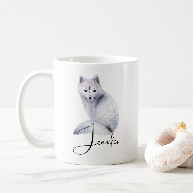 Cute Nordic Fox with Floral Markings Coffee Mug (With Donut)