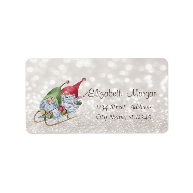 Cute Nordic Gnomes Sleigh Glittery Bokeh Label (Front)