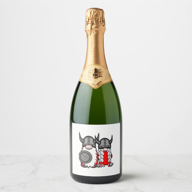 Cute Nordic Gnomes Viking Tomte Couple Scandinavia Sparkling Wine Label (Front)