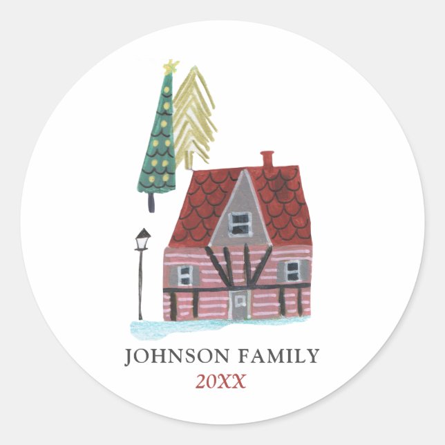 Cute Nordic House Village Christmas  Classic Round Sticker (Front)