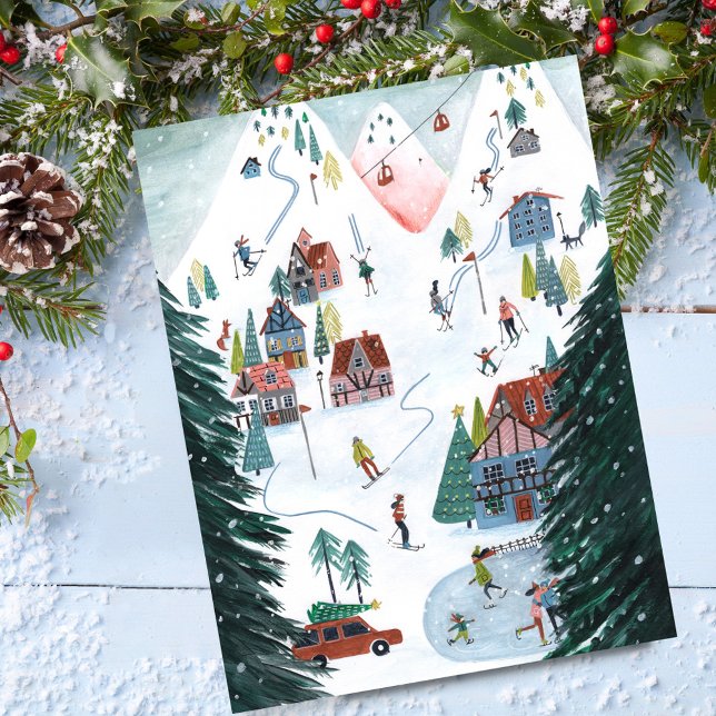 Cute Nordic skating Village Christmas  Holiday Postcard (Cute Nordic skating Village Christmas Holiday Postcard)