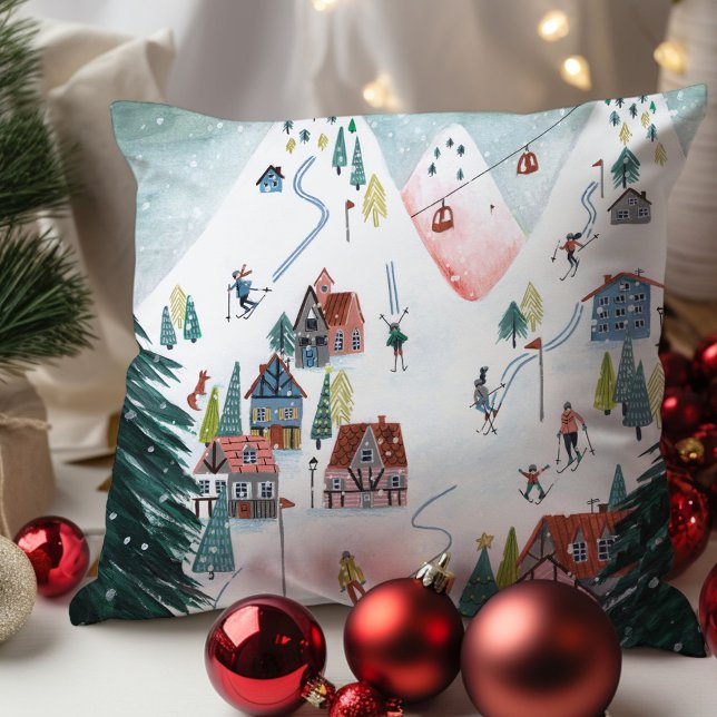 Cute Nordic skating Village Cushion (Cute Nordic skating Village Throw Pillow)