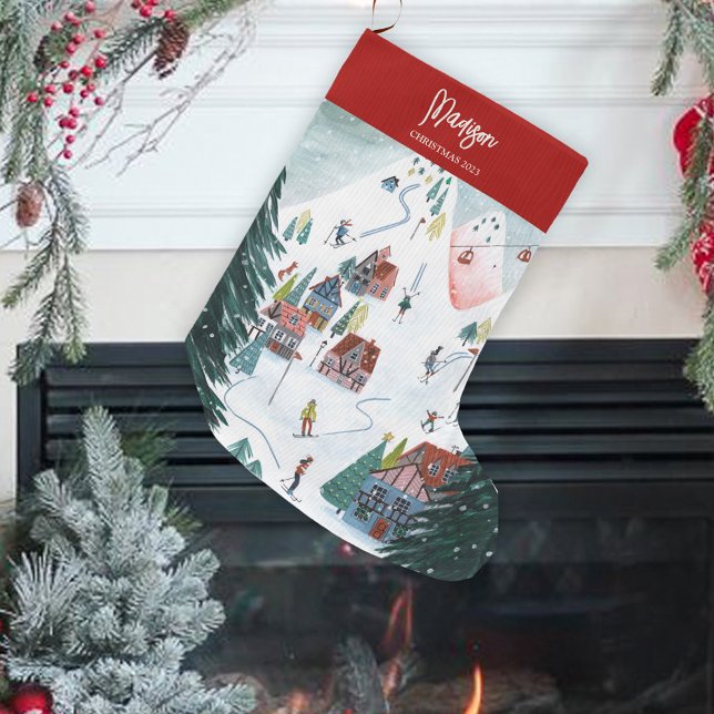 Cute Nordic skating Village Large Christmas Stocking (Cute Nordic skating Village Large Christmas Stocking)
