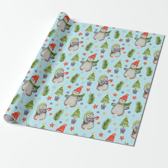 Cute North Pole Christmas Penguins  Wrapping Paper (Unrolled)