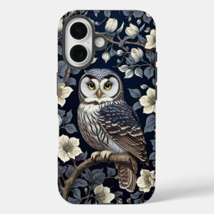 Cute Northern Saw-Whet Owl And Moonflowers On Navy iPhone 16 Case