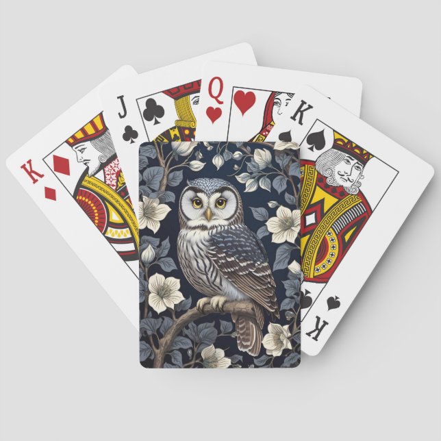 Cute Northern Saw-Whet Owl And Moonflowers On Navy Playing Cards (Back)